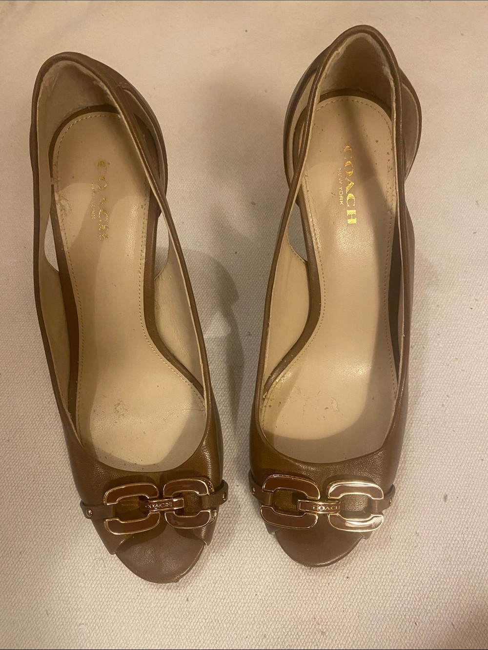 Coach Tan Leather Peep-Toe Heels with Gold Hardware